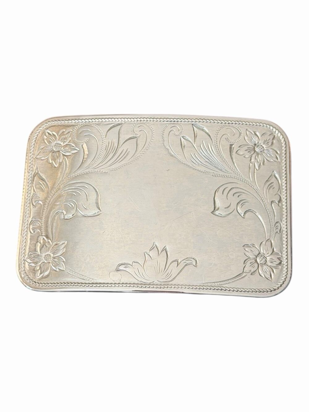 Vintage Belt Buckle Faux Silver with Flower Etching Unbranded 3 1/4 x 2”